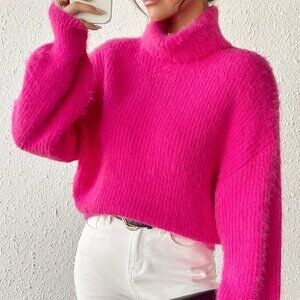 Hot Pink Casual Women's Turtleneck Drop Shoulder Fuzzy Sweater